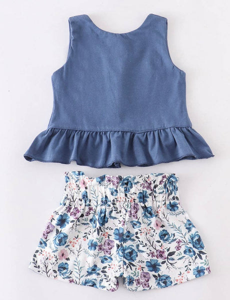 Blue Floral Paperbag Shorts Set